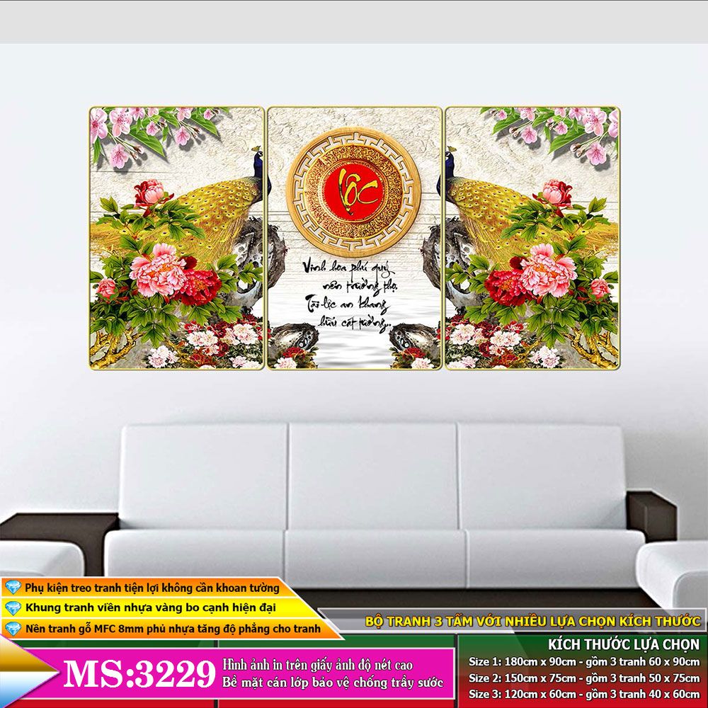 Tranh treo tường 3 tấm- chim công - chim khổng tước: 3229L10