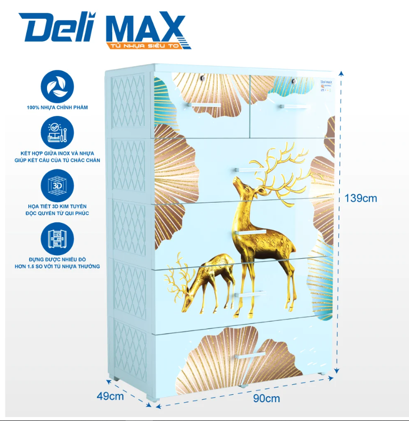 Tủ nhựa 5 tầng Qui Phúc D'eli Max màu xanh dương mẫu Hươu KT 900 x 490 x 1390 mm