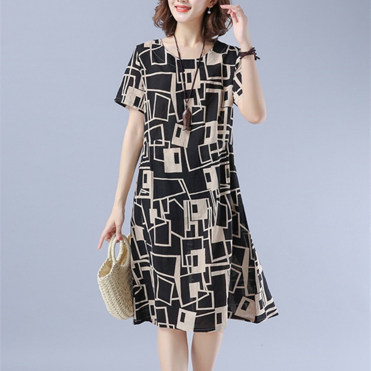 Váy Đầm Trung Niên- Đầm Linen Suông In Hoạ Tiết Tay Ngắn Chất Linen Mát Đũi Việt DV167