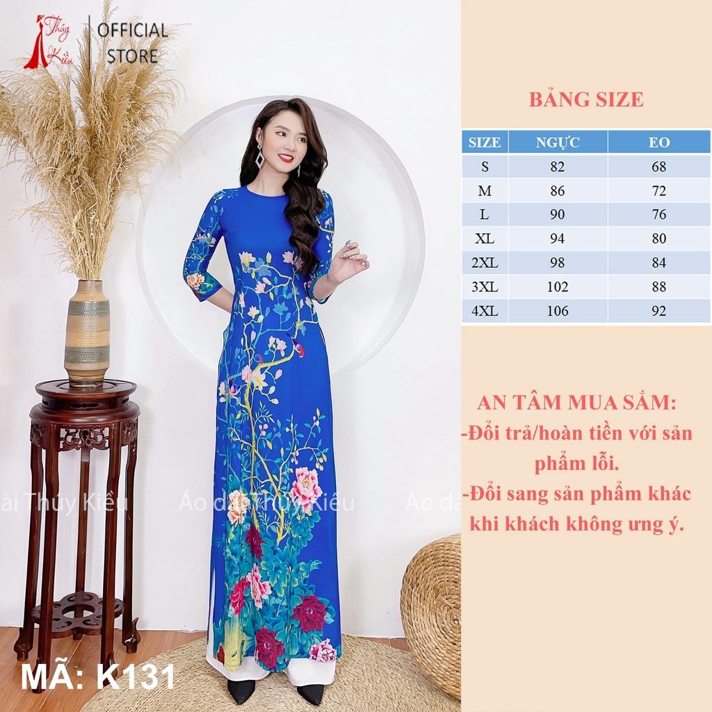 Áo dài may sẵn thiết kế hoa mẫu đơn đẹp cách tân tết nền xanh K131 Thúy Kiều mềm mại, co giãn, áo dài giá rẻ