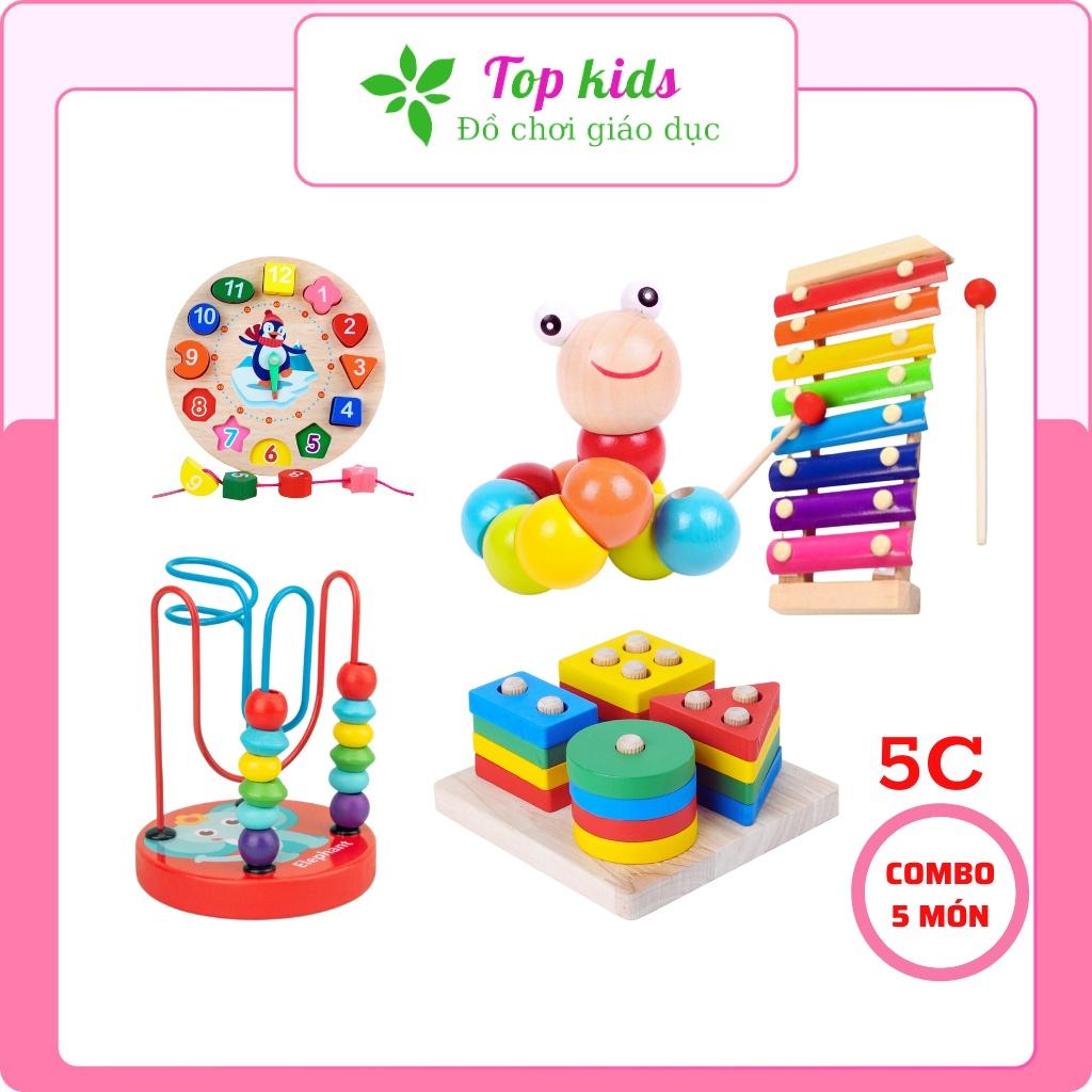 Đồ chơi gỗ thông minh montessori combo 5 bộ xếp hình khối giáo dục sớm cho bé trai bé gái 1 2 3 4 5 6 tuổi