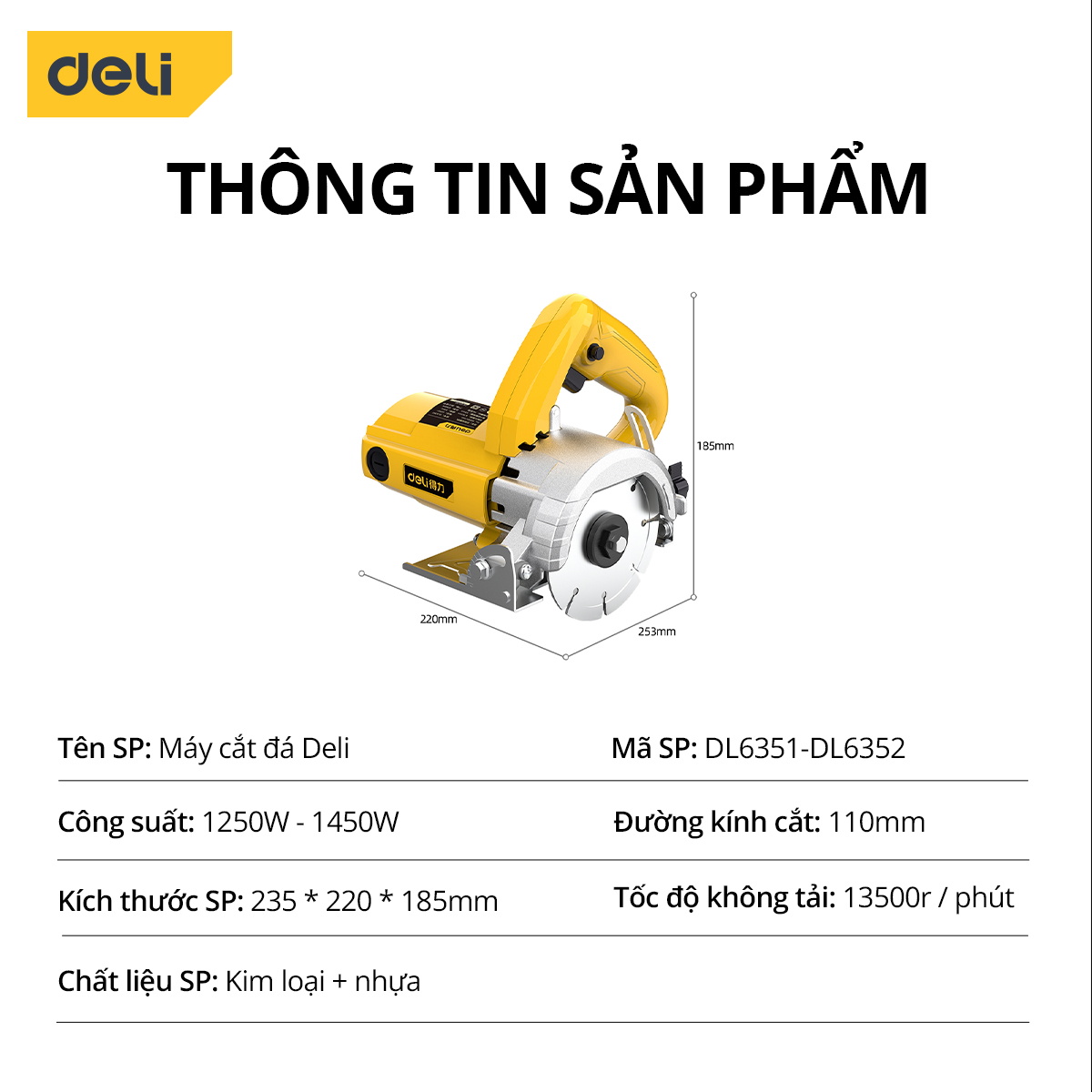 Máy Cắt Đá Deli, Công Suất Mạnh Mẽ, Động Cơ Lõi Đồng Giảm Tiếng Ồn, Sử Dụng Ổn ĐỊnh, Bền Bỉ DL6352