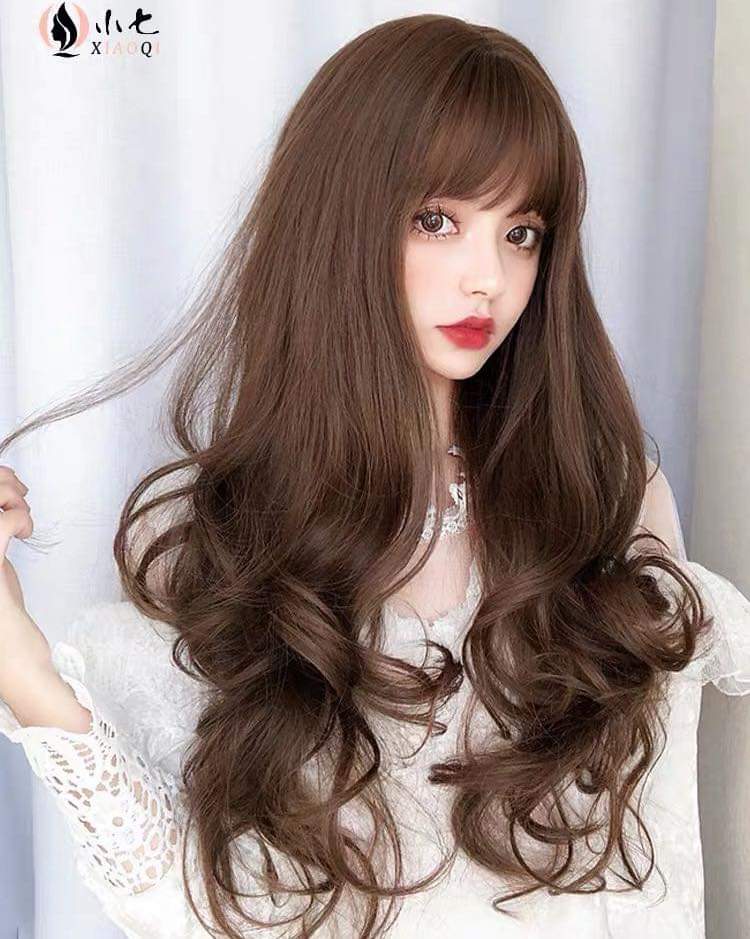 Tóc giả nữ nguyên đầu xoăn dài, tóc giả bộ cả đầu mái thưa có rãnh da đầu