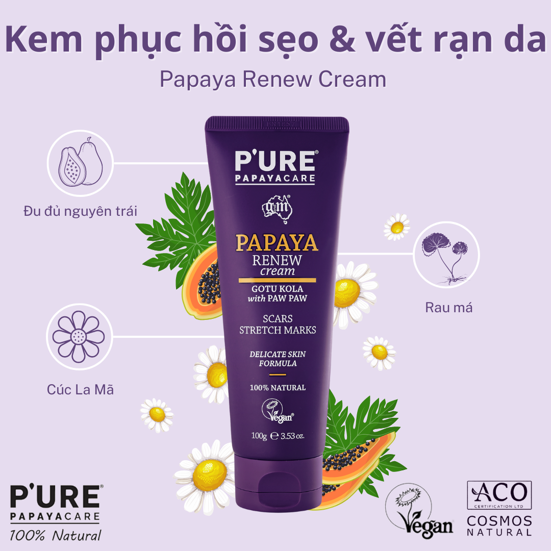 Kem phục hồi sẹo &amp; vết rạn da P’URE Papayacare Papaya Renew Cream 100gr