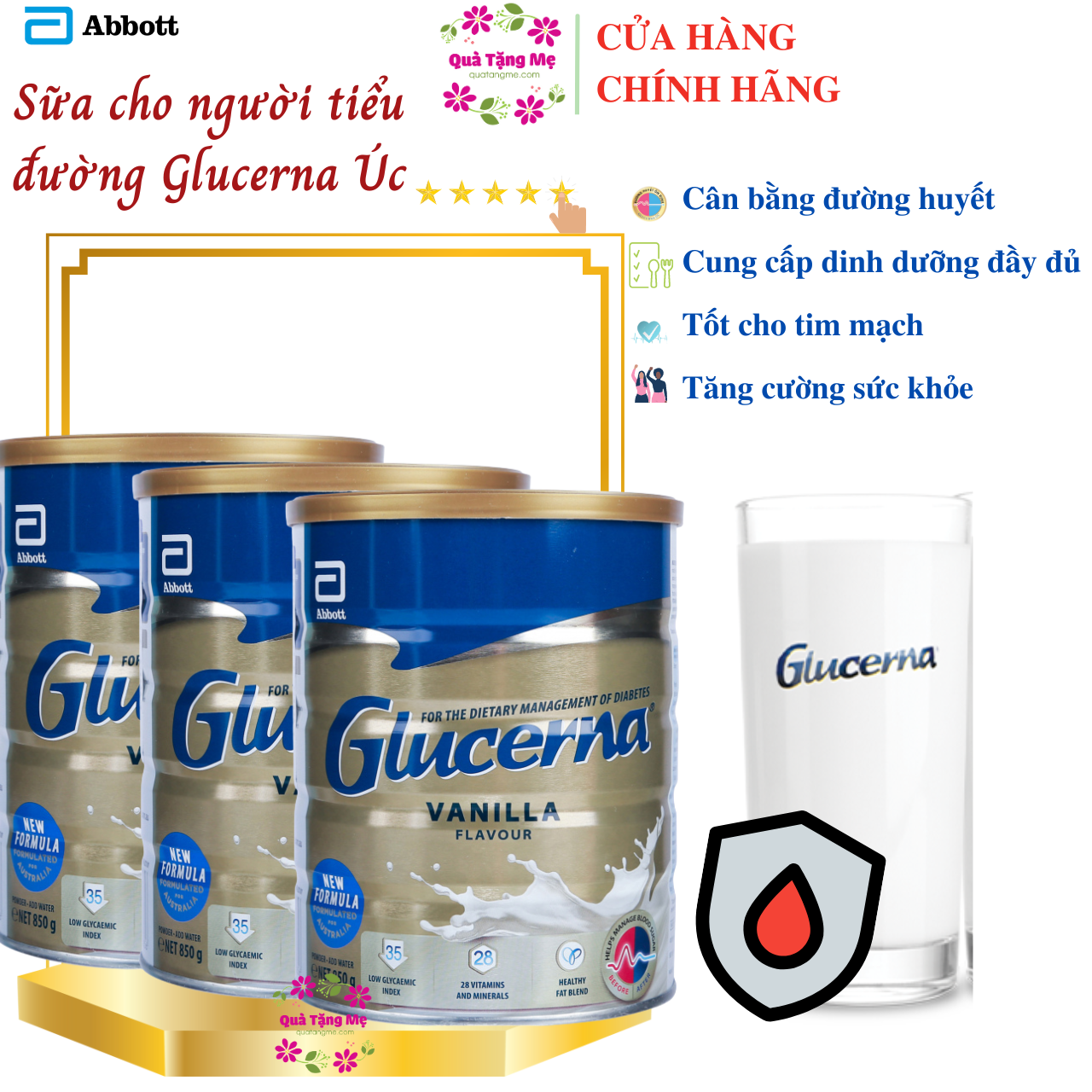 Sữa dành cho người tiểu đường Glucerna Vanilla Abbott Úc Bổ sung đầy đủ dinh dưỡng và cân bằng đường huyết - QuaTangMe Extaste - Combo 3 Hộp