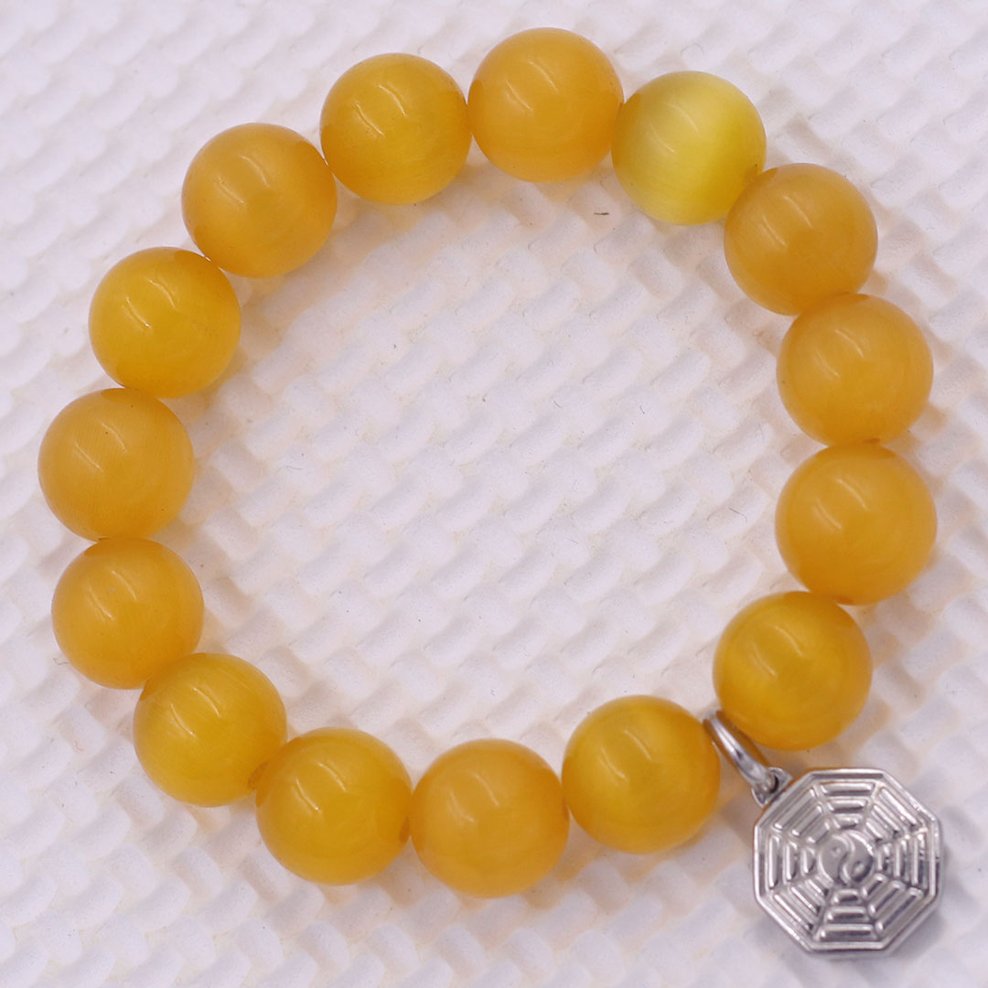 Vòng chuỗi đeo tay đá mắt mèo vàng charm bát quái inox, vòng tay hạt chuỗi, vòng chuỗi phong thủy, vòng tay nam nữ