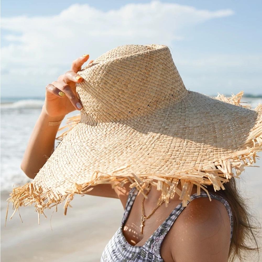 Phụ Nữ Mùa Hè Nón Rộng Vành Nữ Raffia Mũ Lưỡi Trai Tua Rua Lớn Mũ Đi Biển Cho Kỳ Nghỉ Sombrero Hombre Verano có Thể Gập Lại