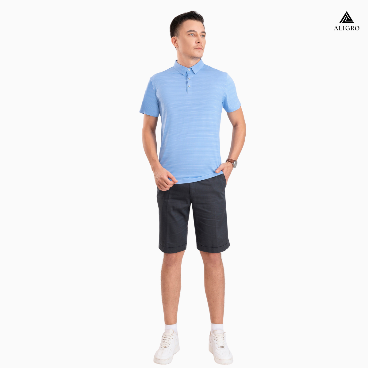 Áo polo golf nam ngắn tay ALIGRO chất vải coolmax kẻ ngang màu xanh blue năng động ALGPLO117