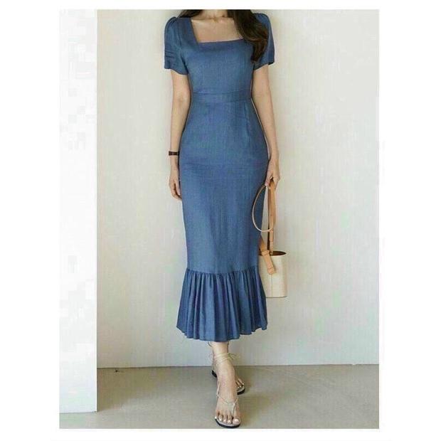 Đầm Jean Đuôi Cá, Cổ Vuông, Có Túi, Chất Jean Mềm Dày Dặn, Đẹp