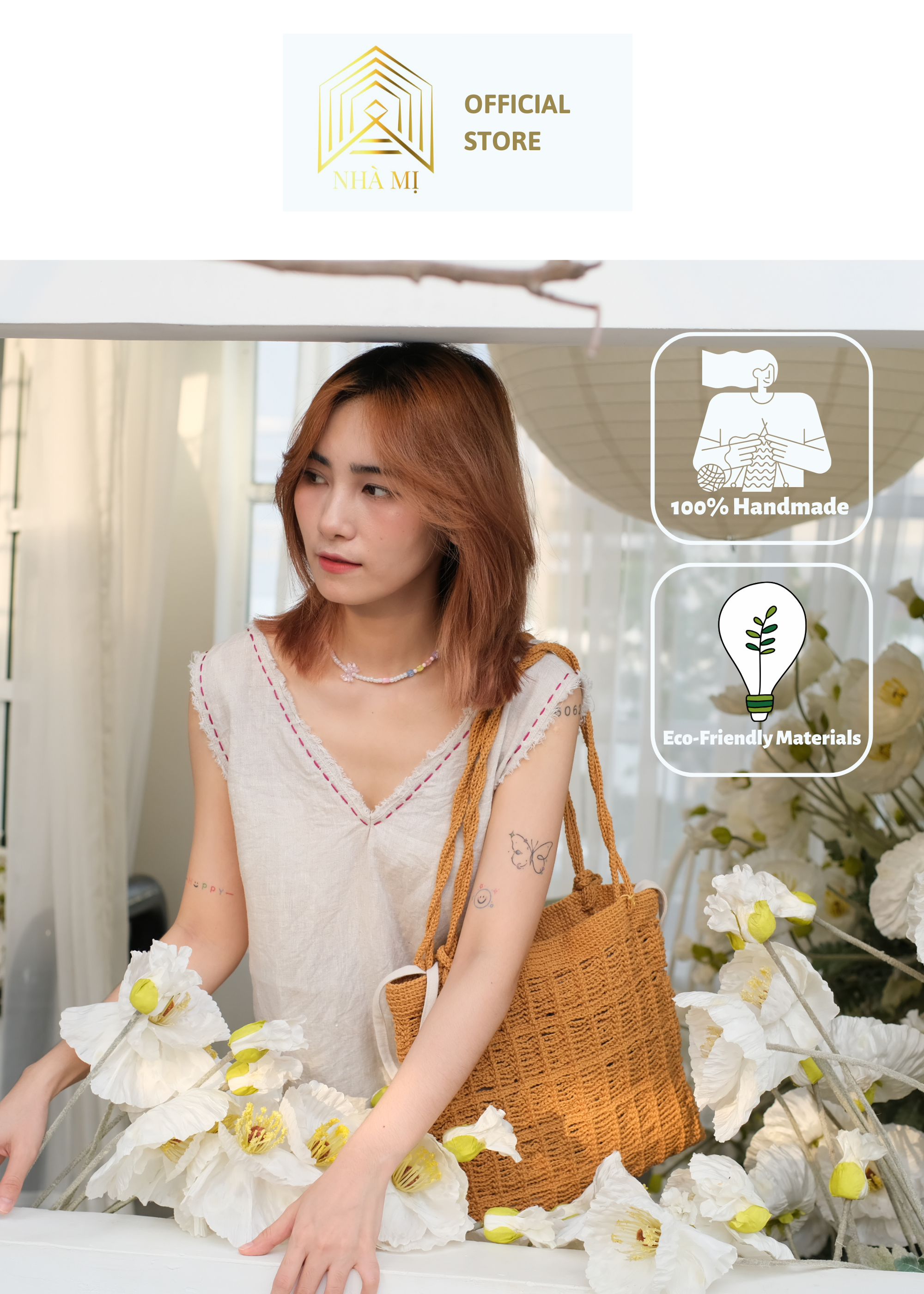 TÚI LEN ĐAN MÓC THỦ CÔNG NET BAG 6 BÍNH NÂU - NHÀ MỊ