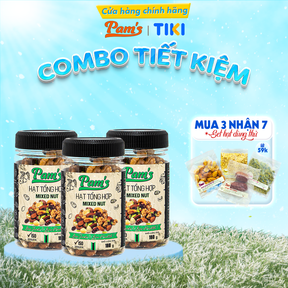 Combo 3 Hũ Ngũ Cốc Mix 6 Loạimacca Hạnh Nhân Điều Nhân Óc Chó Hạt Bí Nho Úc Pams 160Gx3 480G