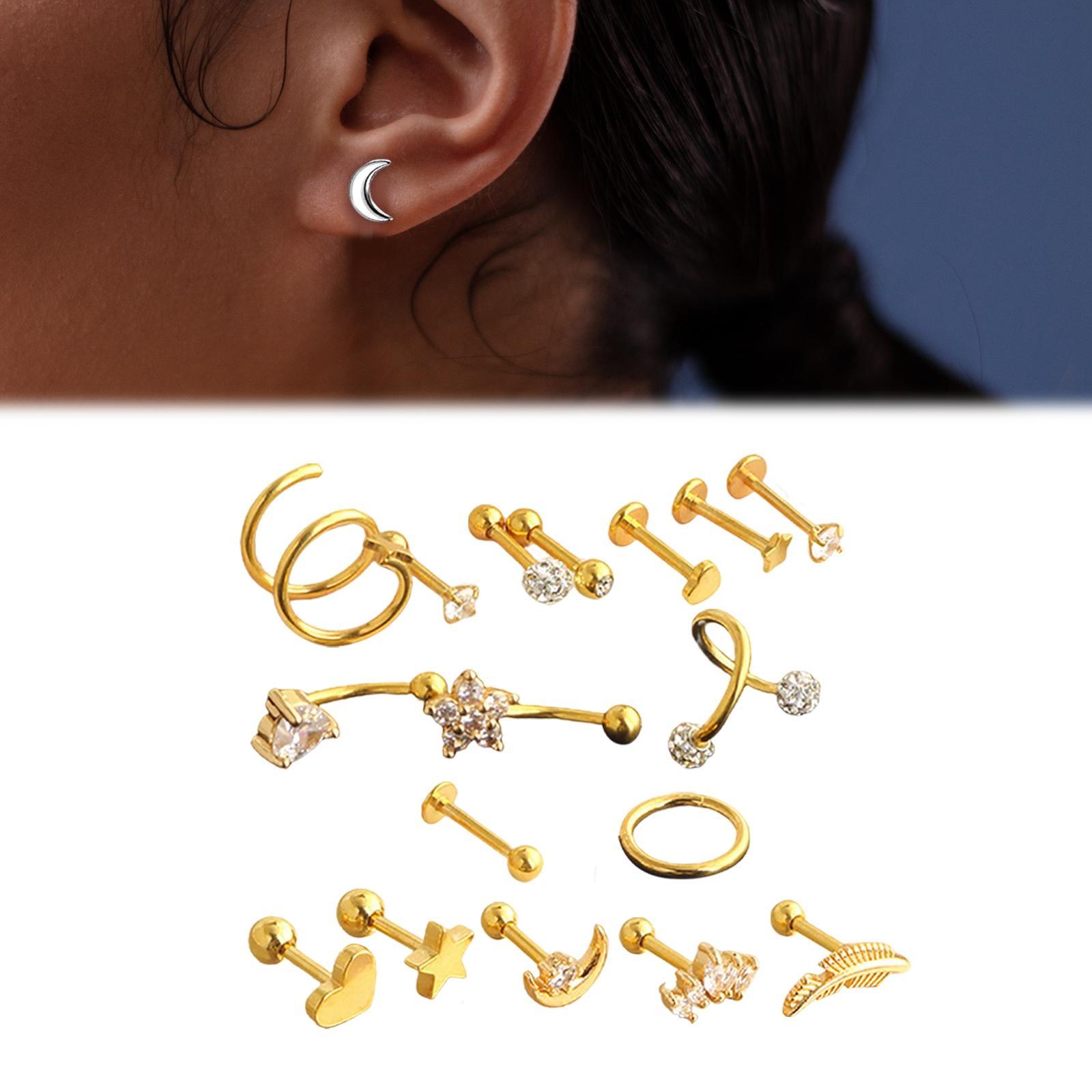 17Pcs Stainless Steel Earrings Set, Piercing Studs Piercing Jewelry, Earring Hoops, Barbell Stud, Heart Star Moon Earrings Hoop Stud Gifts