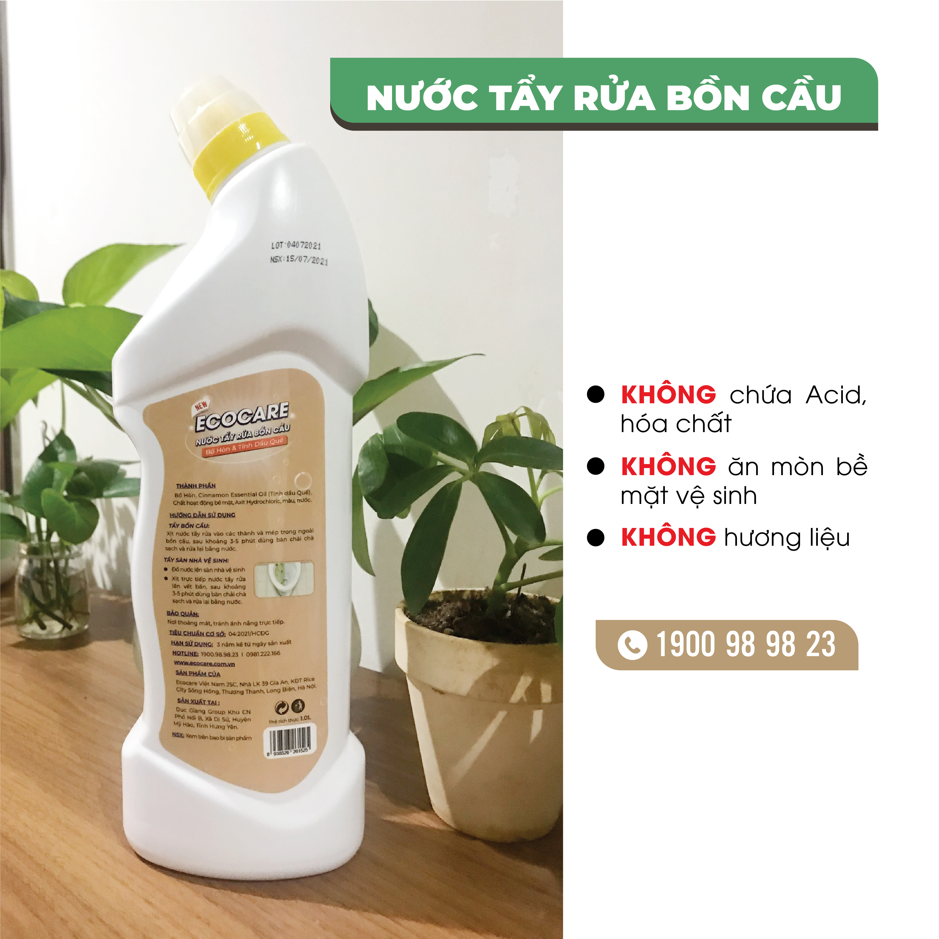 Nước tẩy rửa bồn cầu Hữu cơ diệt khuẩn Ecocare  với tinh chất Quế 1000 ml