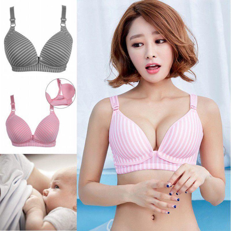 Áo Ngực Không Gọng Hoạ Tiết Kẻ Sọc Thiết Kế Nút Bấm Phía Trước Tiện Lợi Cho Phụ Nữ Cho Con Bú