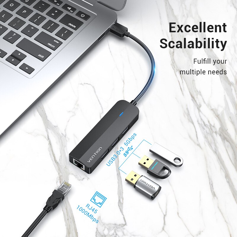 Chuyển đổi USB 3.0 to LAN + 3 port USB 3.0 Vention dài 15Cm CKBHB - Hàng chính hãng