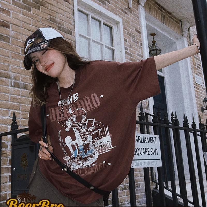 Áo Thun 100% cotton Tay Ngắn Cổ Tròn Dáng Rộng In Hình Đàn Ghi Ta Phong Cách Đường Phố Thời Trang Mùa Hè Mới Cho Nữ