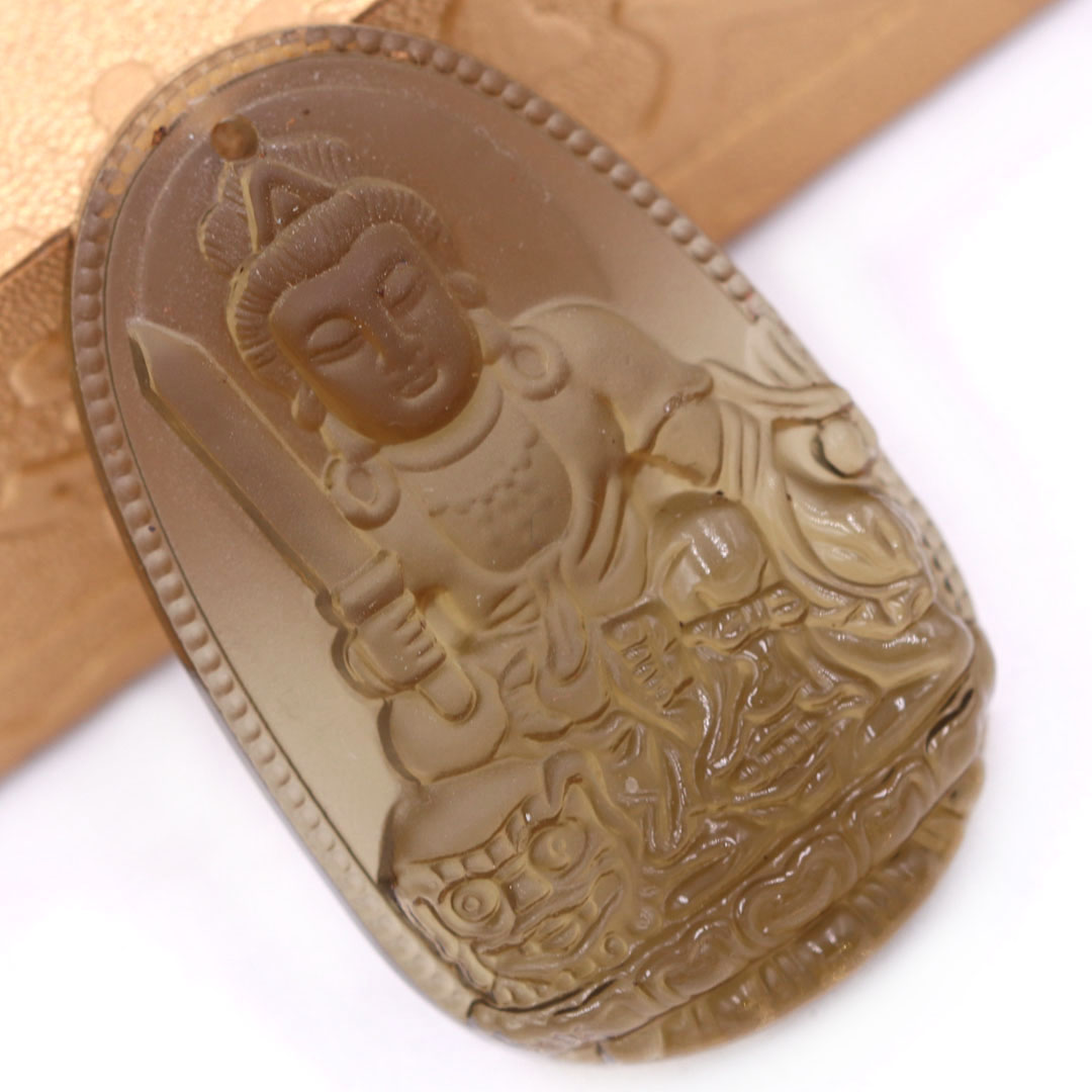 Mặt Phật Văn thù đá obsidian 5 cm  kèm móc và dây chuyền inox vàng, Mặt Phật bản mệnh