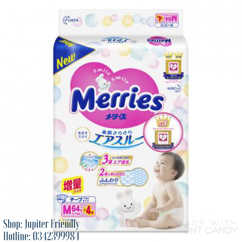 Combo 2 Tã/bỉm dán Merries size M - 64 + 4 miếng (6 - 11kg)