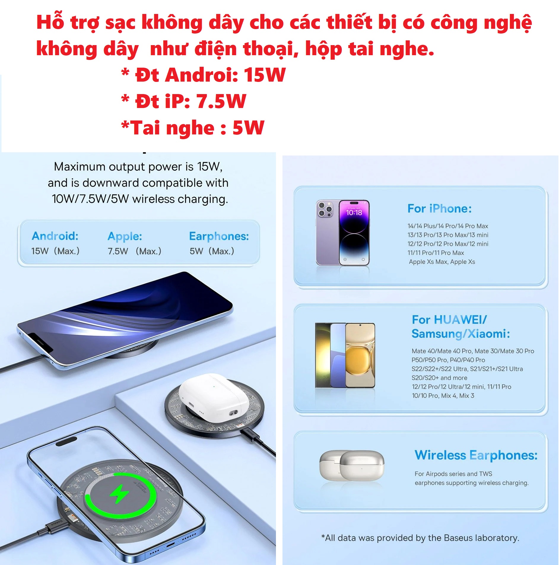 Đế sạc không dây 15W thiết kế trong suốt lộ máy cho đt Android iP tai nghe Baseus Simple 2 BS-W530 _ hàng chính hãng