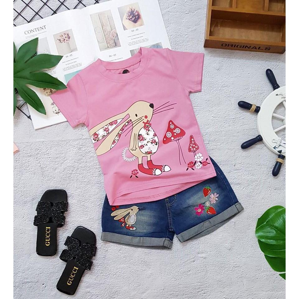 SIZE NHỎ _SÉT ÁO THUN CON THỎ PHỐI QUẦN SHORT JEAN