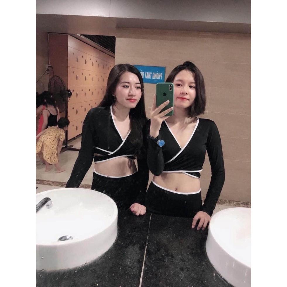 freeship Bikini 2 mảnh đen áo dài tay mặc đi biển