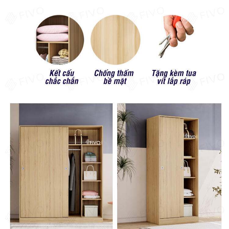 Tủ Treo Quần Áo Cửa Lùa Gỗ MDF Lõi Xanh Chống Ẩm Cao Cấp FC31 FIVO, Nhiều Ngăn Đựng Đồ, Không Gian Hộc Tủ Trên Rộng Rãi - Màu Gỗ