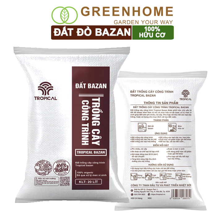 Đất đỏ bazan Tropical, bao 20 lít, 13-14kg, trồng hoa hồng, kiểng lá, rau sạch, cây ăn trái |Greenhome