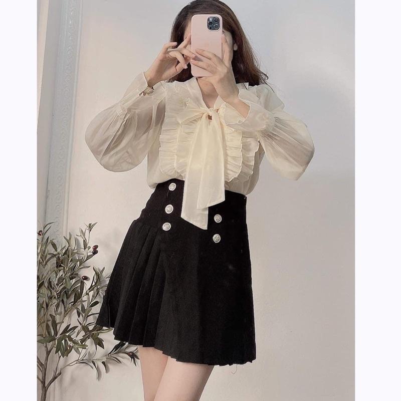 Áo Sơ Mi Nữ Voan Tơ Cổ Viền Bèo Phối Nơ Xinh
