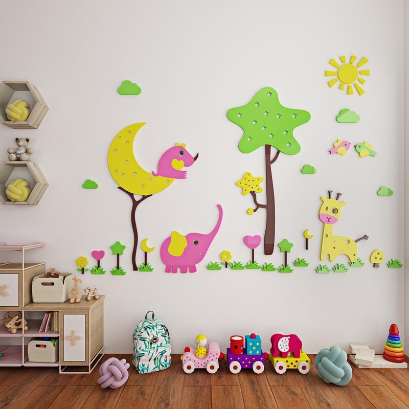 Tranh dán tường mica 3d decor khổ lớn khu vườn thú dễ thương trang trí mầm non, mẫu giáo, phòng cho bé