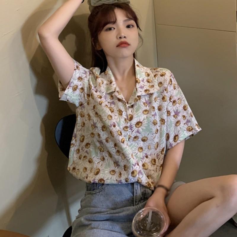 Áo Sơ Mi Tay Ngắn Cổ Bẻ Hoạ Tiết In Phong Cách Retro