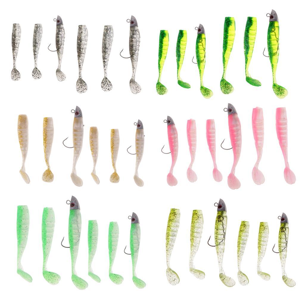 6pcs Shad Fishing Lure Soft Plastic Fish Bait Jig Head Swimbait Grub Worm
