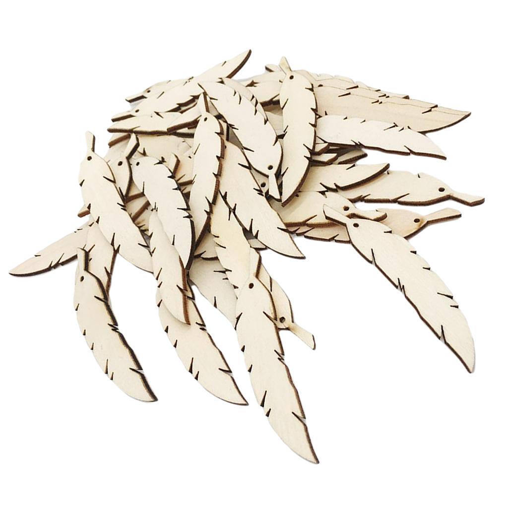 50pcs Natural Unfinished Wood Feather with Hole for DIY Pendants Ornament