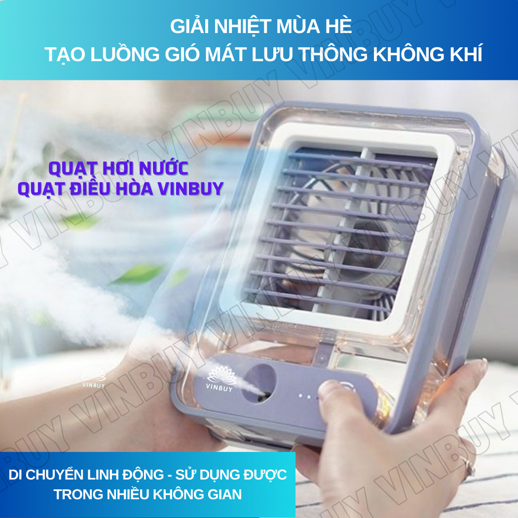 Quạt tích điện mini để bàn phun sương hơi nước phù hợp gia đình, văn phòng, nhỏ gọn cầm tay, có pin, đèn ngủ - Hàng chính hãng VinBuy