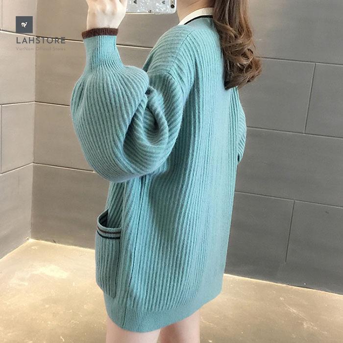 Áo len cardigan nữ tay phồng tiểu thư LAHSTORE, thời trang thu đông 2021 (Hồng)