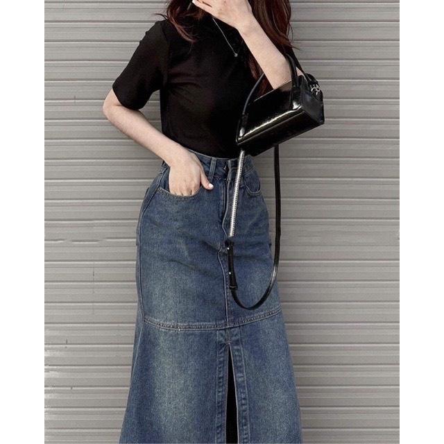 Chân Váy Jeans Nữ Đuôi Cá Xẻ Vạt Cạp Cao Dáng Ôm