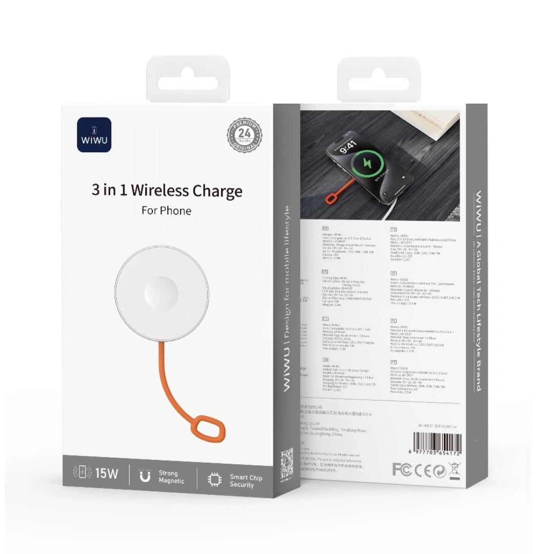Đế Sạc không dây từ tính nam châm N52 sạc nhanh 15W hiệu WIWU Wi-W037 3in1 magnetic cho điện thoại cho iPhone tai nghe cho Airpods / cho Apple Watch cổng USB-C/L - Chip AI an toàn sạc, sạc cho iPhone 16 15 14 13 12 Pro Max Plus - Hàng nhập khẩu