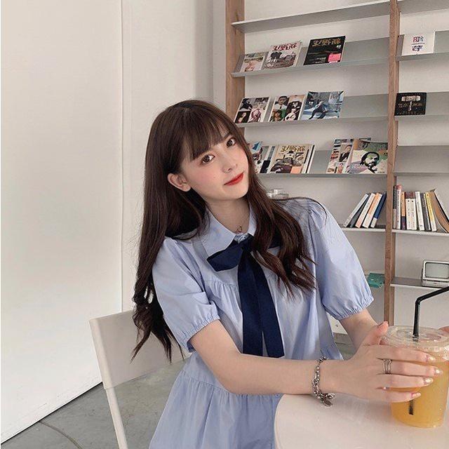Đầm Sơ Mi Nữ Cổ Nơ Tay Bo Dáng Dài