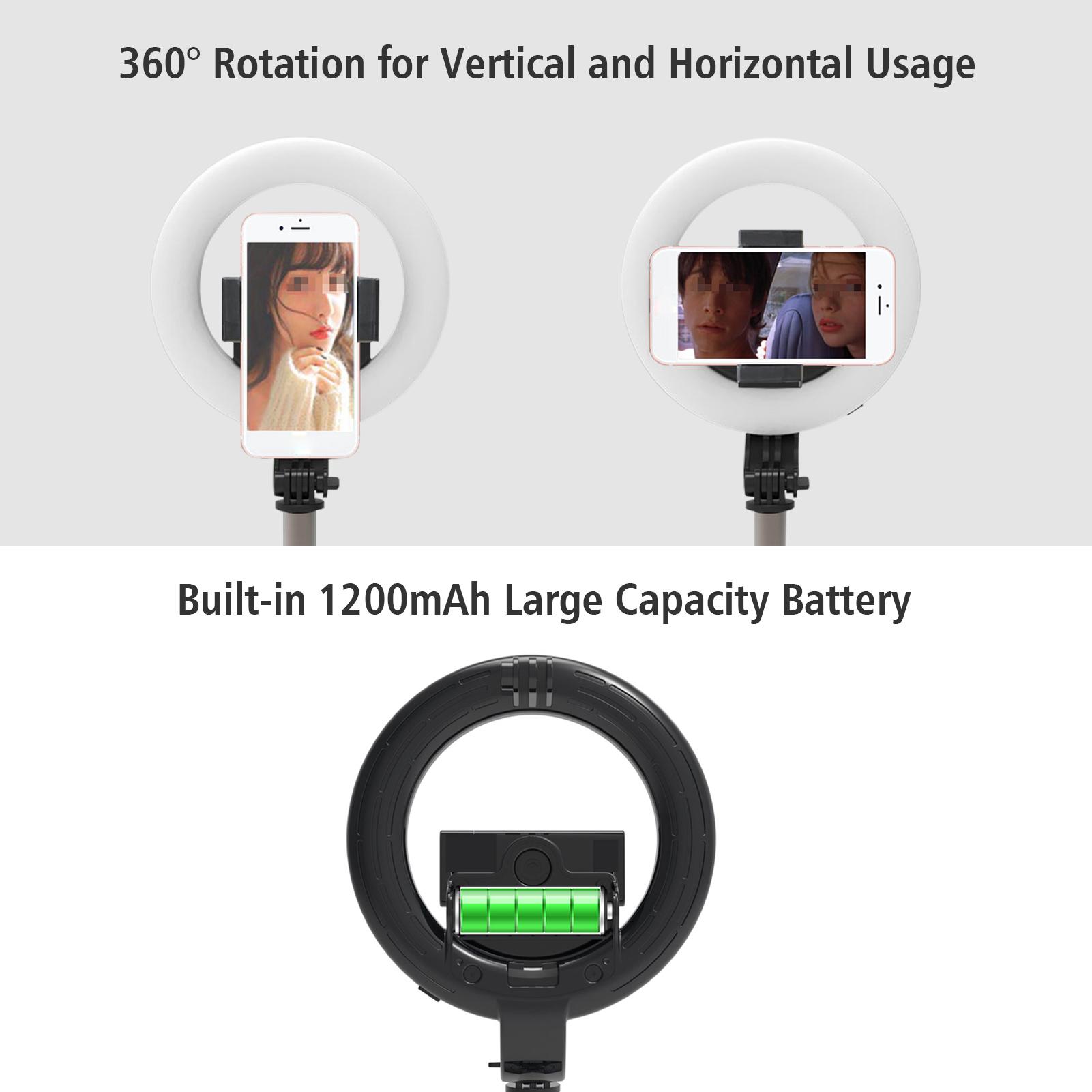 Đèn LED vòng có thể gập lại 16cm / 6 inch 3 chế độ chiếu sáng 3000K-6500K Pin tích hợp có thể điều chỉnh độ sáng 360 ° Theo dõi khuôn mặt thông minh