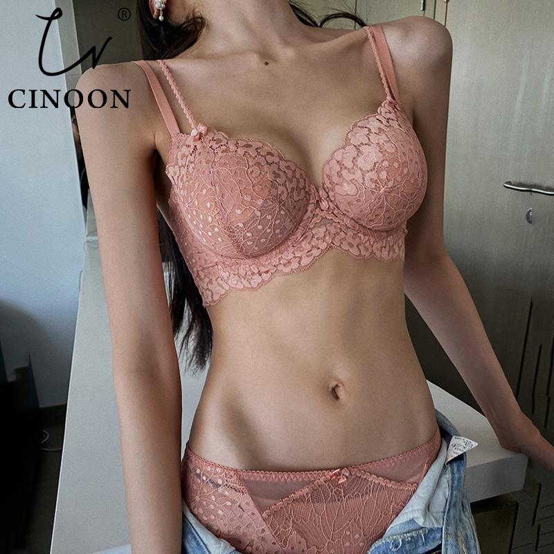 CINOON Pháp Ren Thêu Bộ Đồ Lót Mỏng Cúp Áo Bralette Đẩy Lên Áo Ren Lót Trong Suốt Áo Ngực Và Quần Bộ