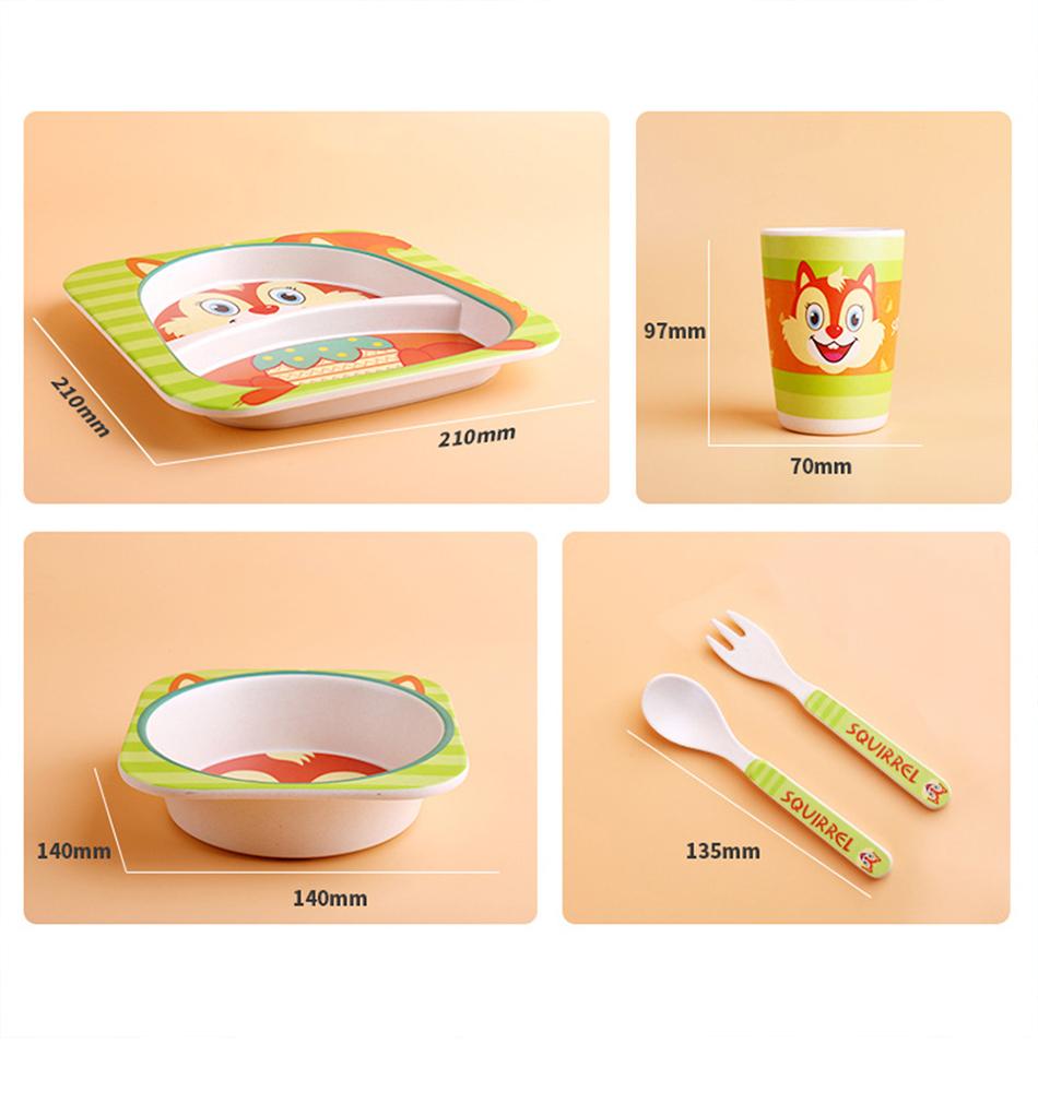Sợi Tre Trẻ Em Bộ Dao Kéo Sáng Tạo Bộ Bát Hoạt Hình Bộ Chia Đĩa Thìa Dĩa Ly 5 Món Quà Tặng Bộ Đồ Ăn