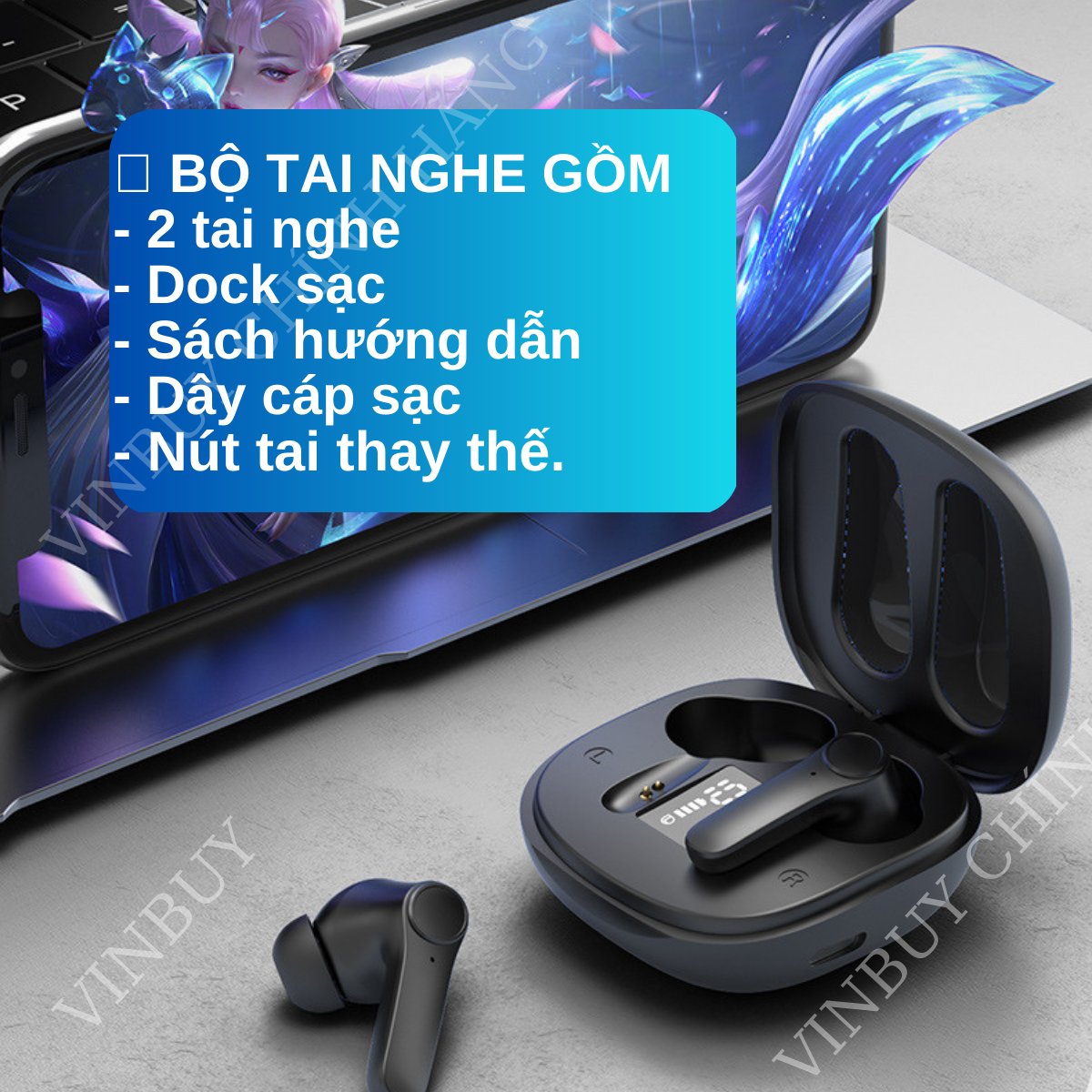 Tai Nghe Bluetooth Không Dây Nhét Tai Chống Ồn Cao Cấp V5.0 Chính Hãng Dùng Cho Iphone Samsung OPPO VIVO HUAWEI XIAOMI, Tai Nghe Không Dây - Hàng Chính Hãng VINBUY