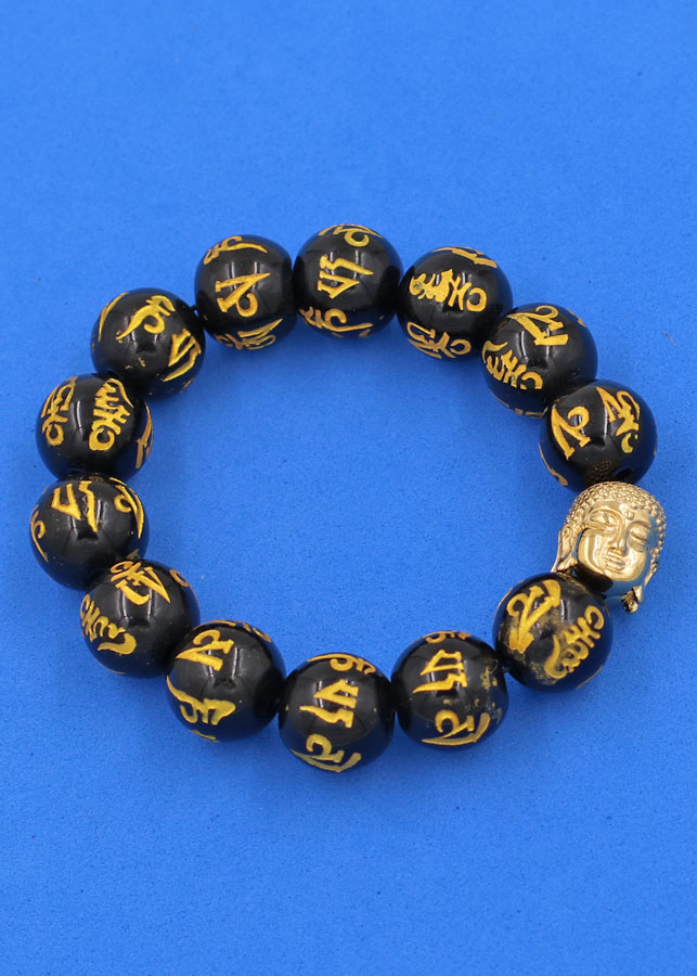 Vòng đeo tay Thạch Anh Đen Phật chú 14 ly cẩn hạt Phật A Di Đà inox vàng VTAEPVNLV14