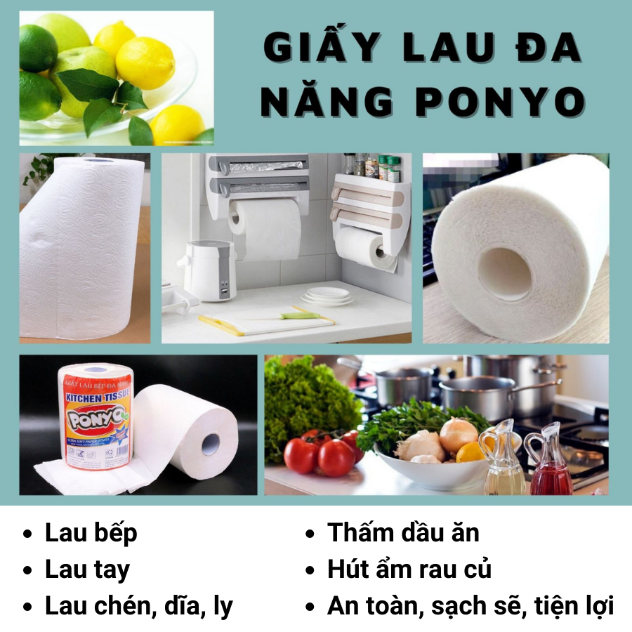 COMBO (3 CUỘN) GIẤY LAU BẾP ĐA NĂNG JUMBO PONYO 2 LỚP TRỤ ĐỨNG 500G/CUỘN