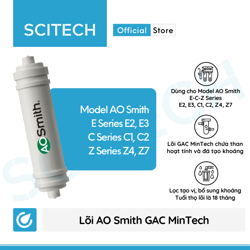 Bộ lõi máy lọc nước AO Smith C1/C2 - Z4/Z7 kèm co nối Scitech cho lõi nối nhanh - Hàng chính hãng