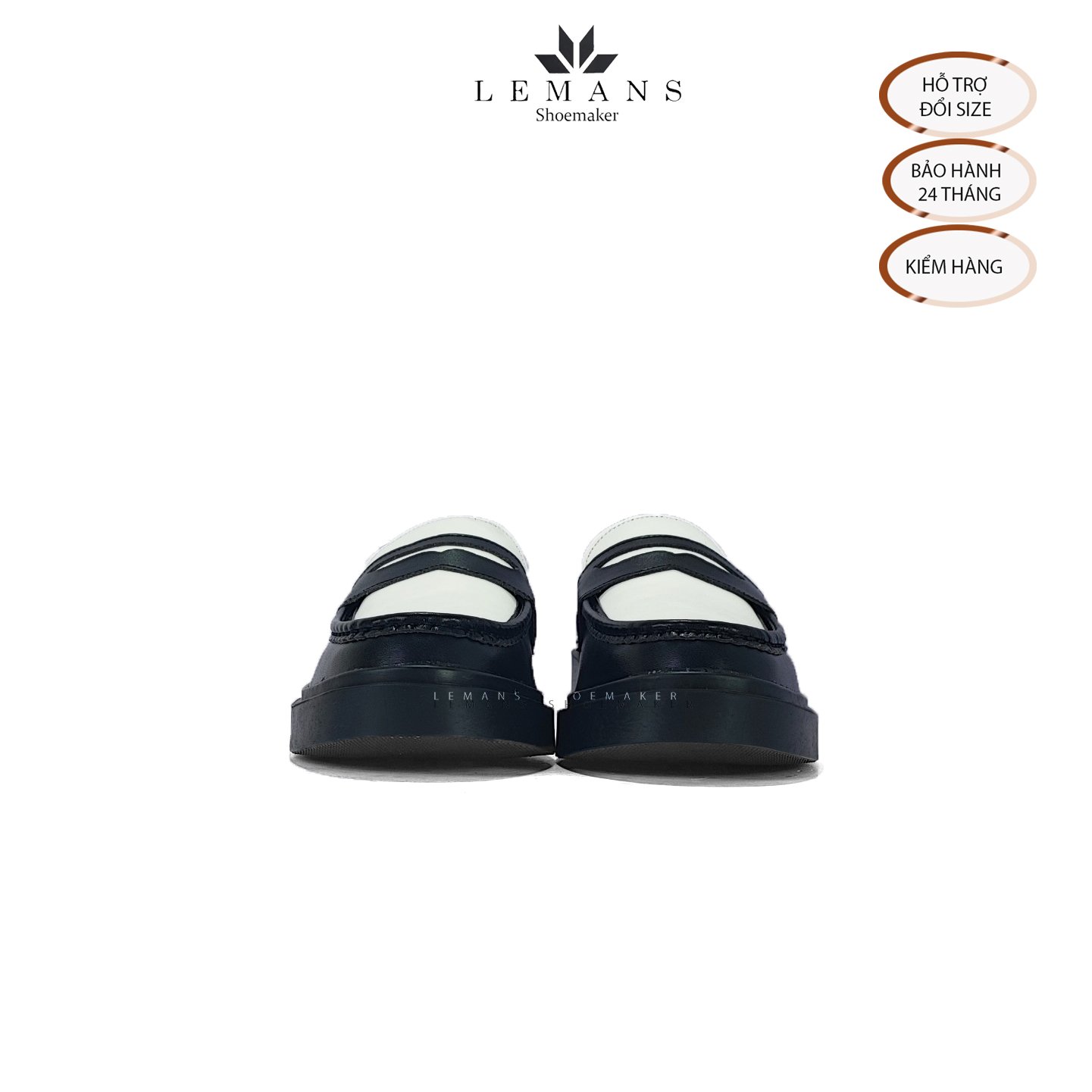 Giày da bò Penny Loafer Black White LEMANS, da bò thuộc nguyên tấm, tăng chiều cao 4cm, bảo hành 24 tháng