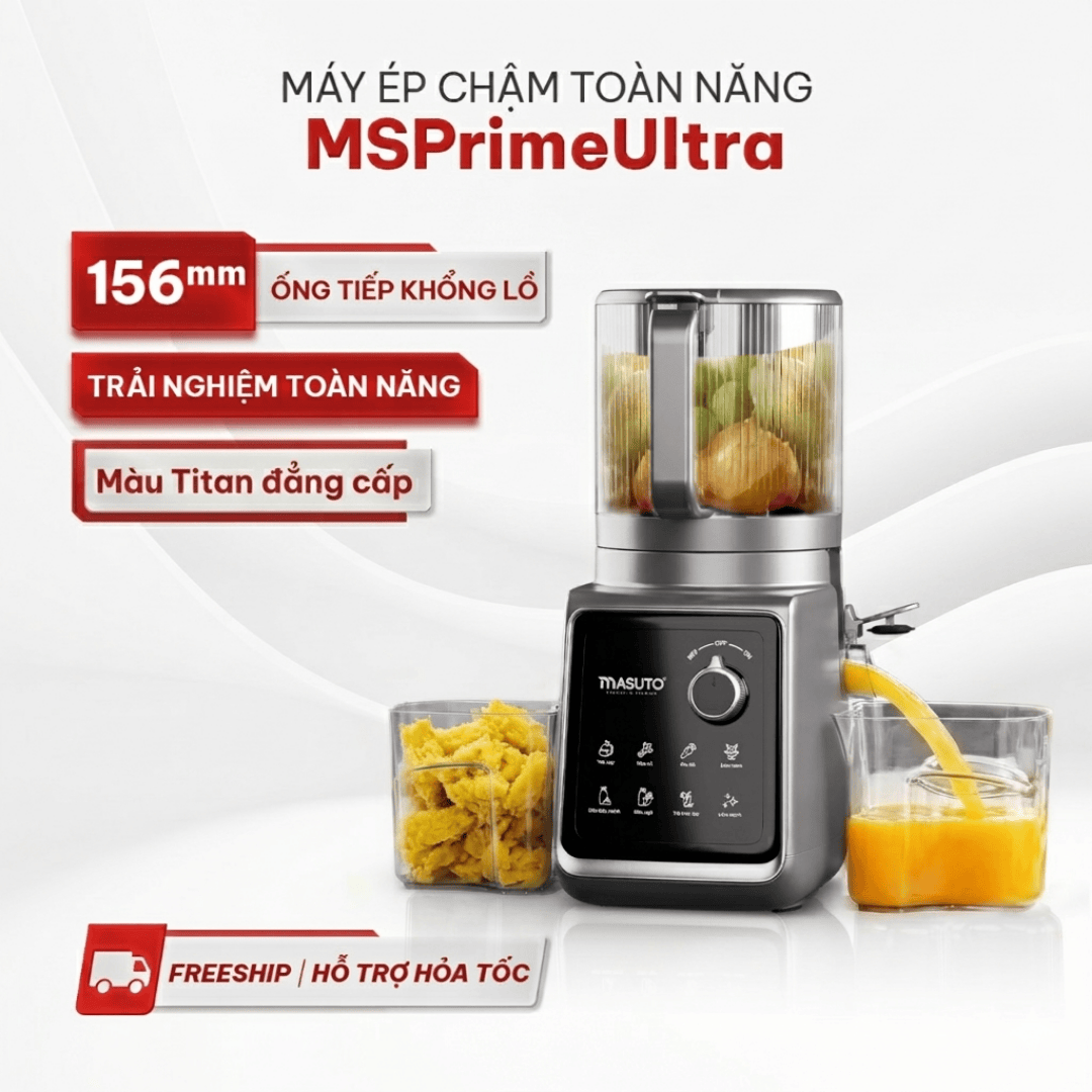 Máy Ép Chậm Trái Cây Làm Kem Toàn Năng 8in1 Masuto MSPrimeUltra, Công Suất 150W, Ống Tiếp Cực Đại 156mm, Ép Kiệt 99%, 8 Chế Độ Nấu - Hàng chính hãng