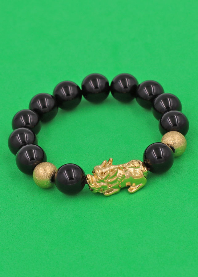 Vòng tay đá Thạch Anh Đen 12 ly - charm Bi vàng - cẩn Tỳ Hưu Phong Thủy inox vàng VTAETHHBV12 - hợp mệnh Thủy, mệnh Mộc