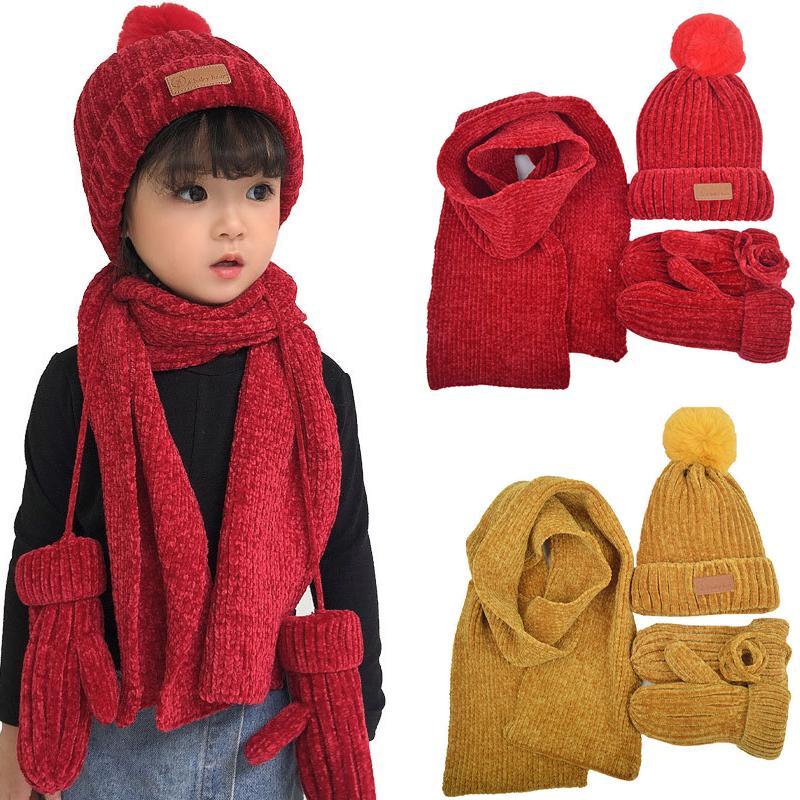 3 Mảnh Dệt Kim Nón Khăn Găng Tay Bộ Trẻ Em Nón PomPon Thu Đông Ấm Mitten Bé Trai Nắp Bò Thời Trang Bộ trẻ Em Mũ Lưỡi Trai