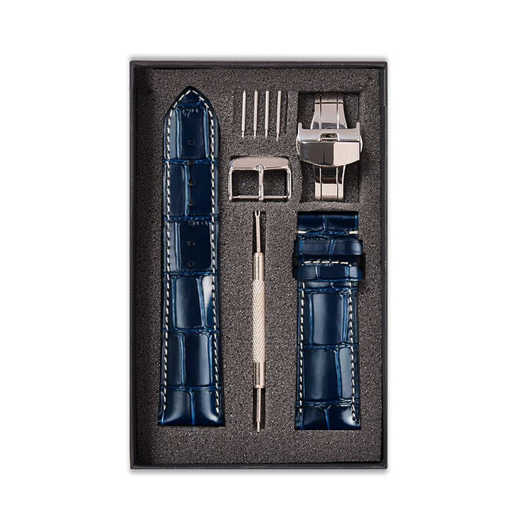 Dây Đồng Hồ Handmade Da Cá Sấu Navy Chỉ Trắng Size 2022Mm - Dây Đeo Da Cá Sấu Thật 100 - Bảo Hành 12 Tháng - Khóa Cài Bướm Bạc - 2018Mm