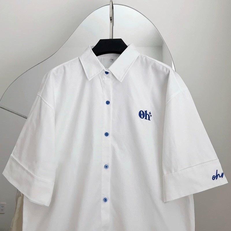 ÁO SƠ MI KIỂU FORM RỘNG THÊU LOGO OH SIÊU XỊN THỜI TRANG GENZ HOT HIT